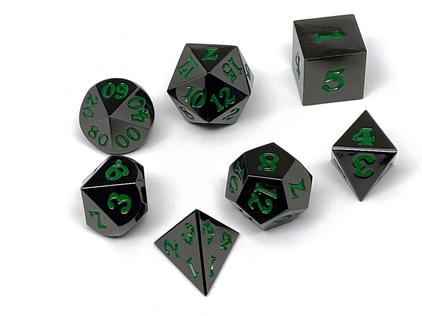 Gun Metal 7 Piece Dice Set - Signature Font - Green