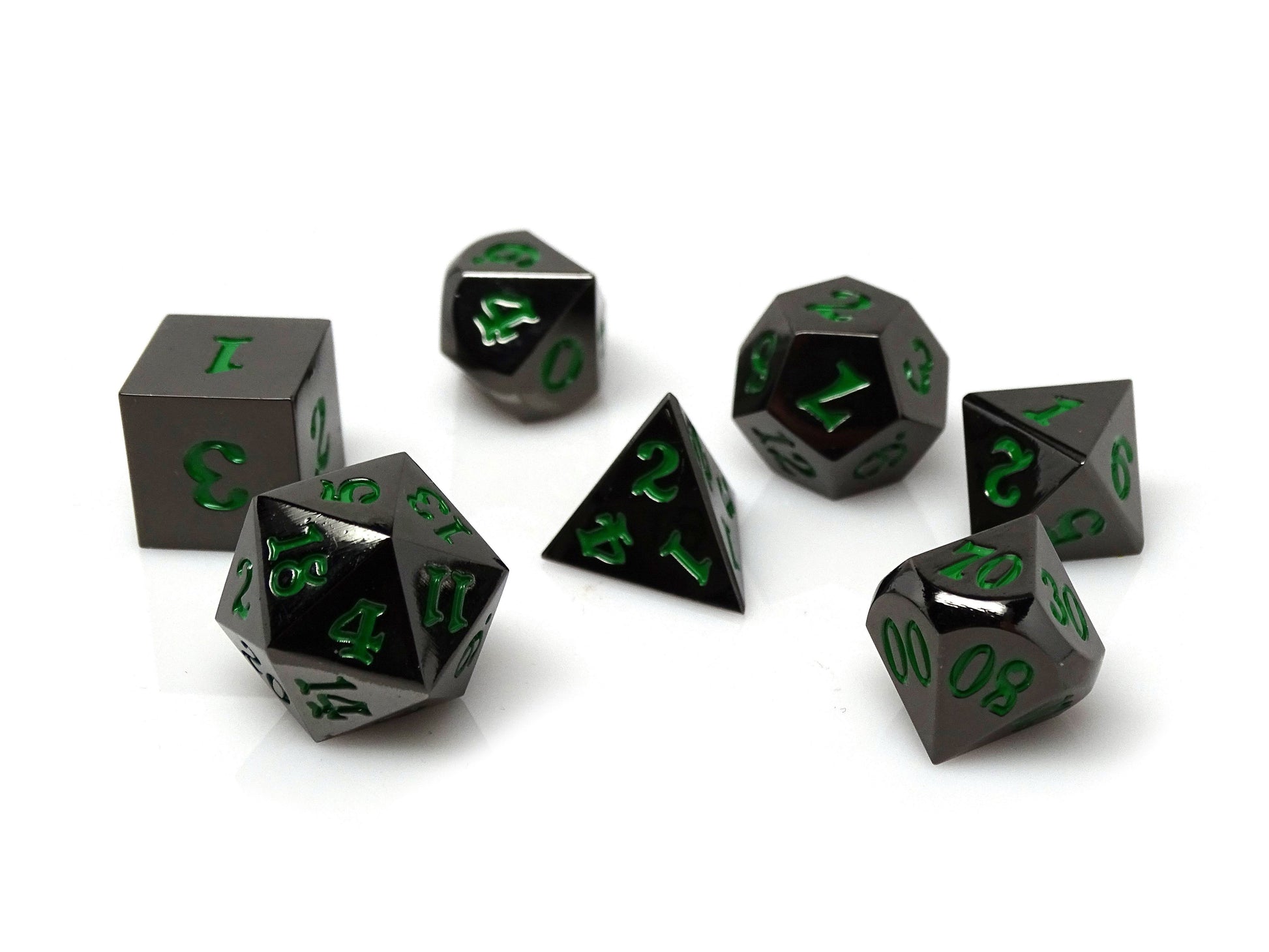 Gun Metal 7 Piece Dice Set - Signature Font - Green