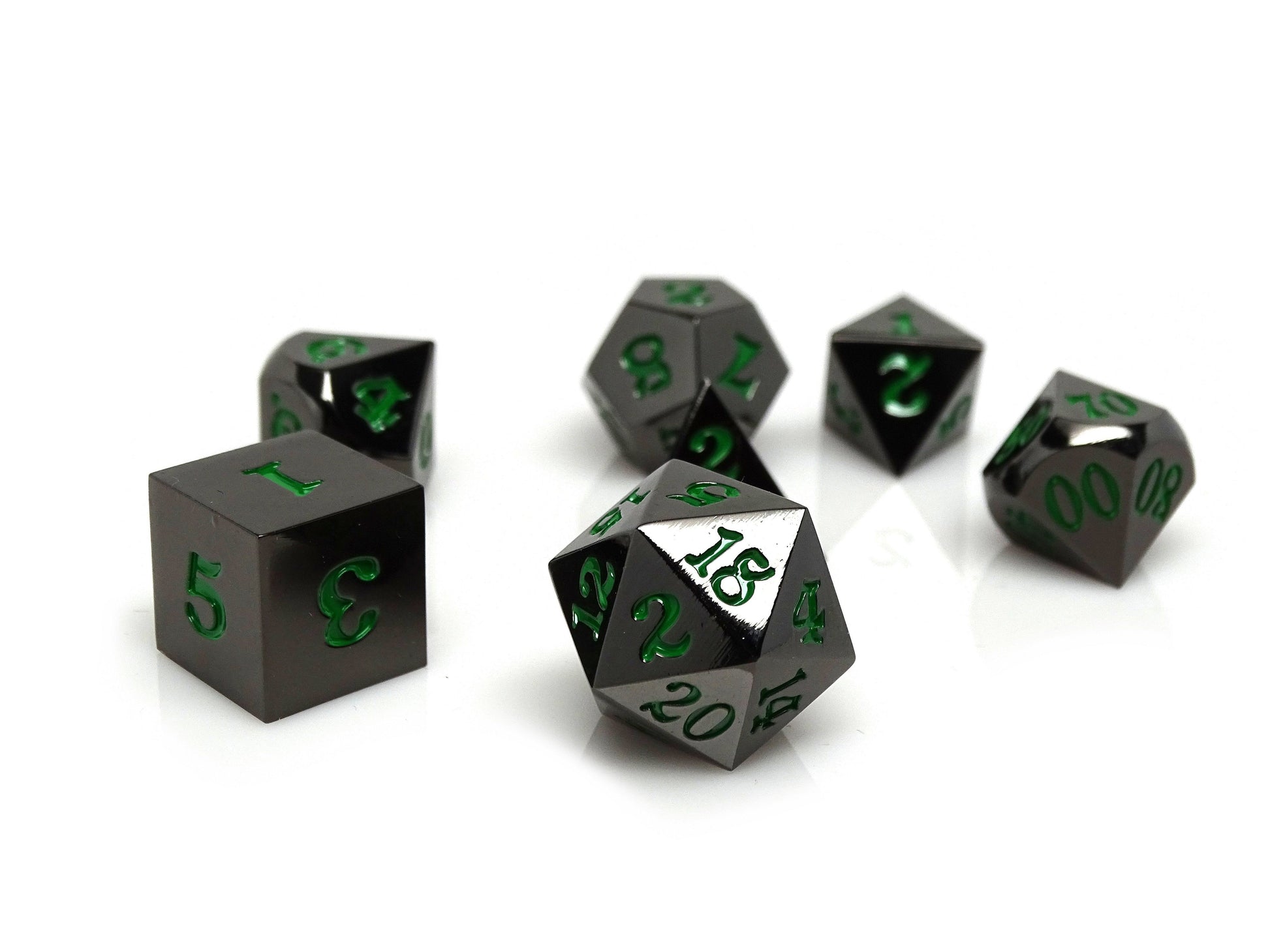 Gun Metal 7 Piece Dice Set - Signature Font - Green