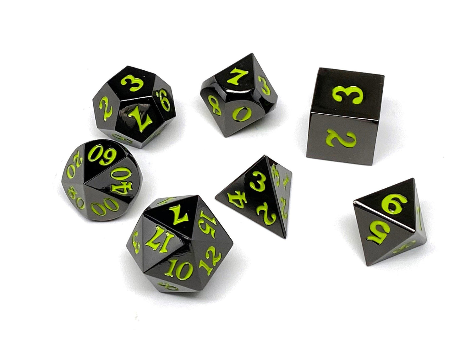 Gun Metal 7 Piece Dice Set - Signature Font - Lime