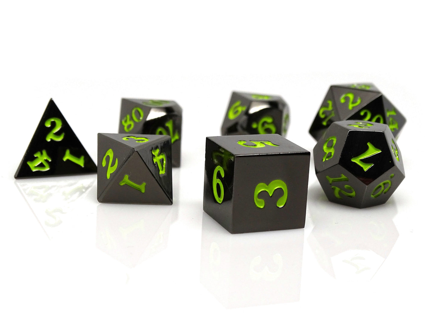 Gun Metal 7 Piece Dice Set - Signature Font - Lime