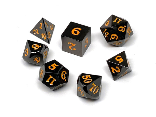 Gun Metal 7 Piece Dice Set - Signature Font - Orange