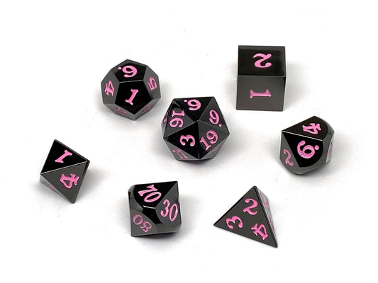 Gun Metal 7 Piece Dice Set - Signature Font - Pink