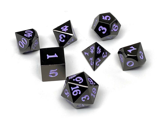 Gun Metal 7 Piece Dice Set - Signature Font - Purple