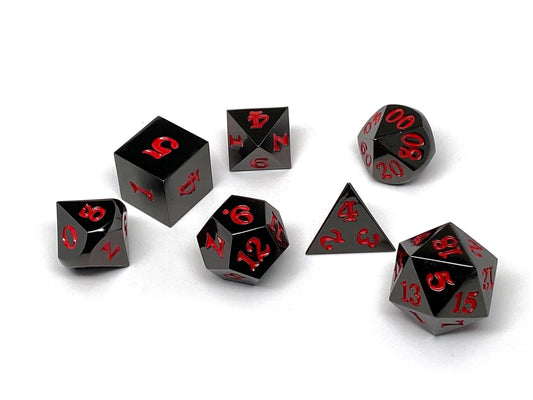 Gun Metal 7 Piece Dice Set - Signature Font - Red