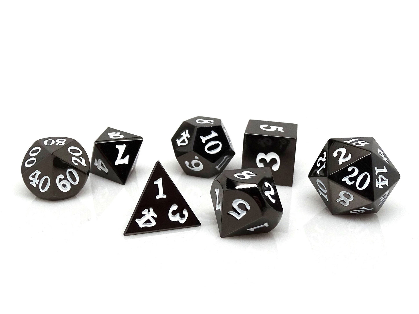 Gun Metal 7 Piece Dice Set - Signature Font - White