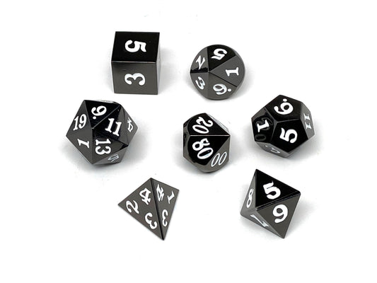 Gun Metal 7 Piece Dice Set - Signature Font - White