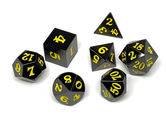 Gun Metal 7 Piece Dice Set - Signature Font - Yellow