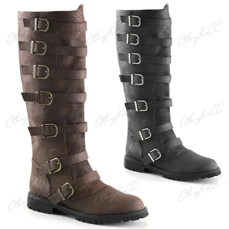 Halloween Medieval Retro Princess Men Prince Knight Cosplay Gothic Leather Boots Carnival Party High Tube Bandage Shoes Prop