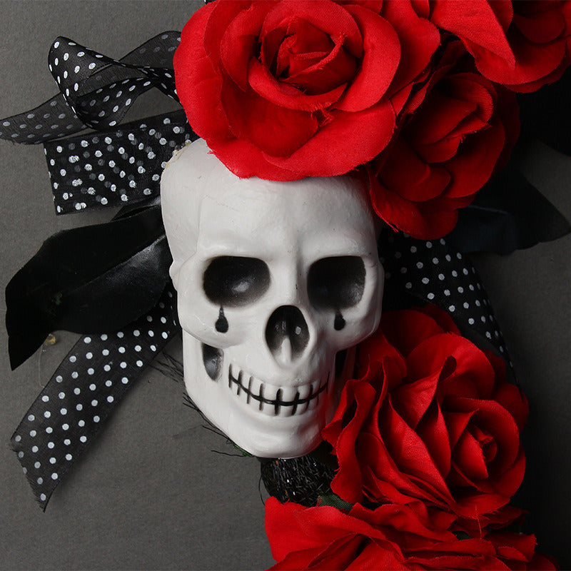 Halloween Skull Wreath Creative Horror Ghost Festival Red Rose Wreath Party Decoration Props