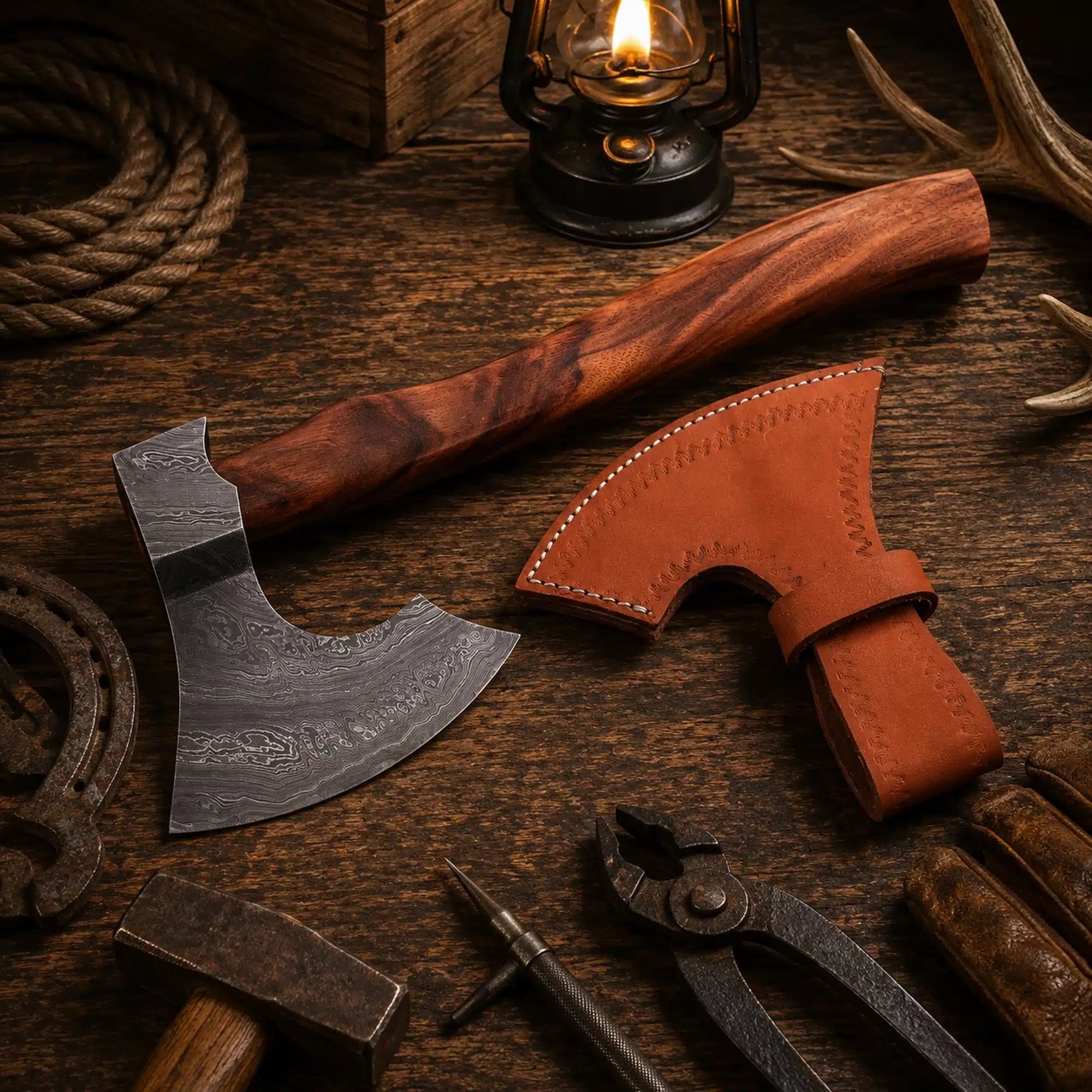 The Iron Raven Damascus Viking Axe – Hand Forged Bearded Hatchet
