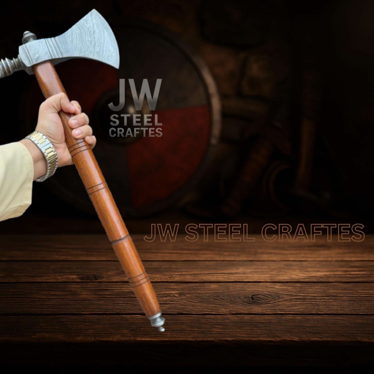 Collectible Artisan Pipe Axe in Damascus Steel with Hardwood Handle