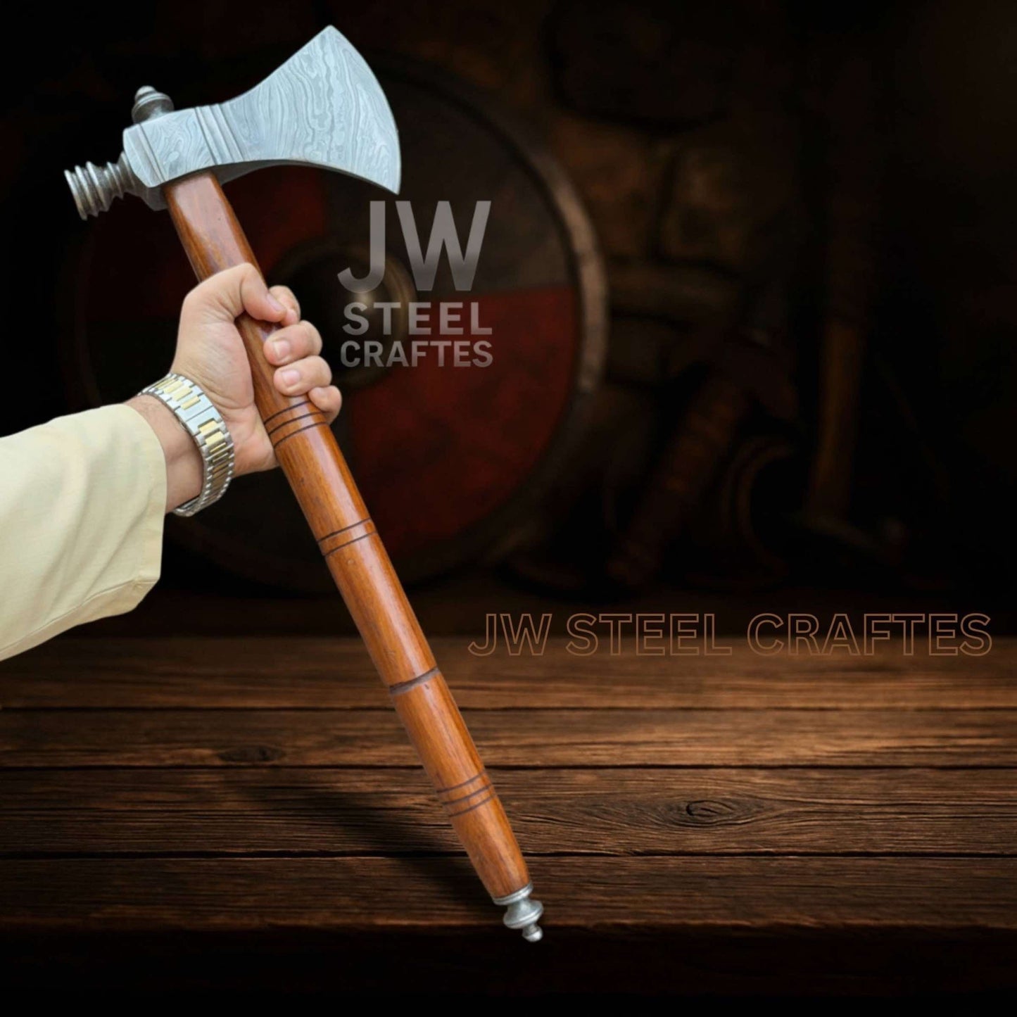 Collectible Artisan Pipe Axe in Damascus Steel with Hardwood Handle