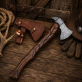 Hand-Forged Damascus Viking Tomahawk Axe – Carved Rosewood Handle with Leather Sheath