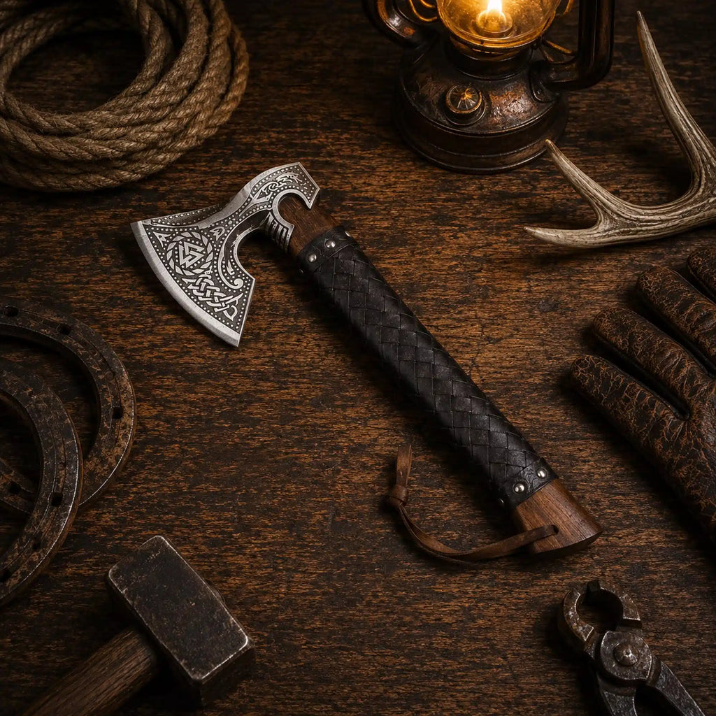 Viking Axe with Leather Sheath – Hand Forged Norse Engraving Hatchet