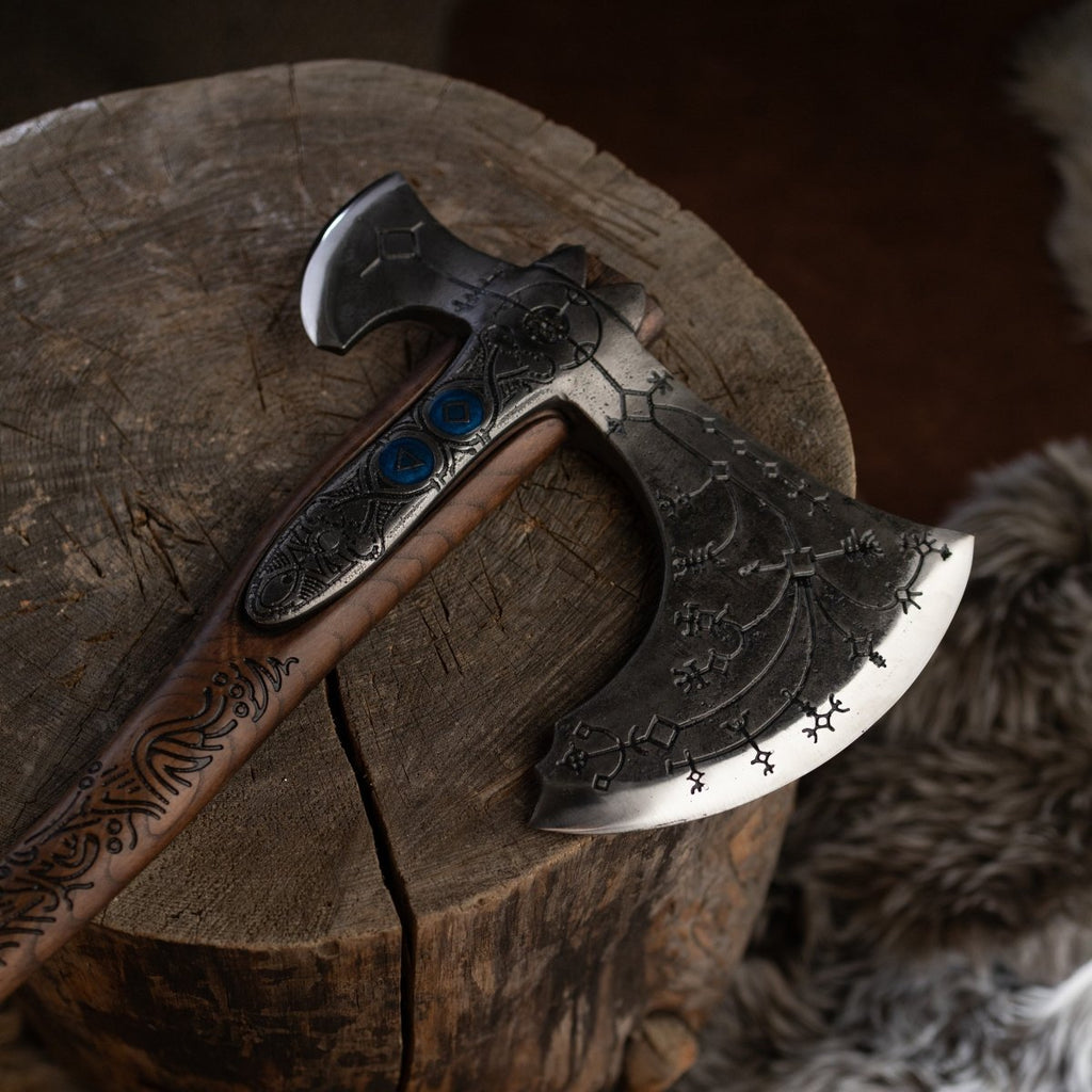 Hand-forged "Ragnarok Kratos axe" with carved handle and Luminescent Glow-in-the-Dark Runes