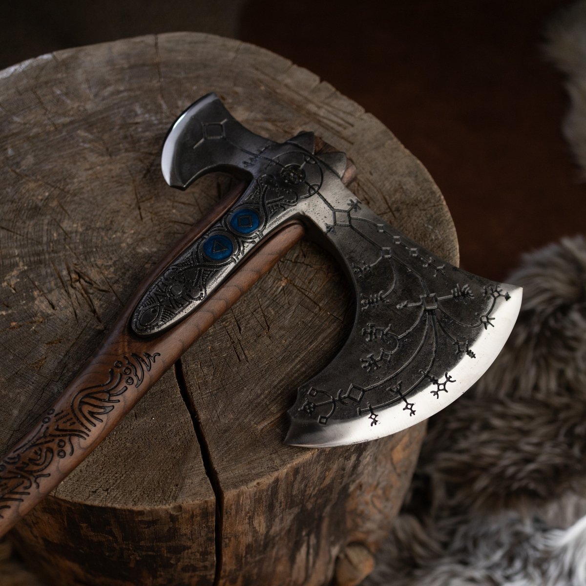Hand-forged "Ragnarok Kratos axe" with carved handle and Luminescent Glow-in-the-Dark Runes