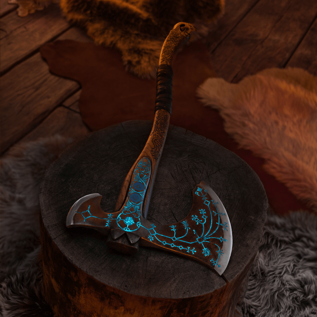 Hand-forged "Ragnarok Kratos axe" with carved handle and Luminescent Glow-in-the-Dark Runes