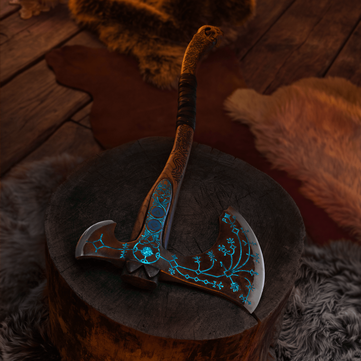 Hand-forged "Ragnarok Kratos axe" with carved handle and Luminescent Glow-in-the-Dark Runes