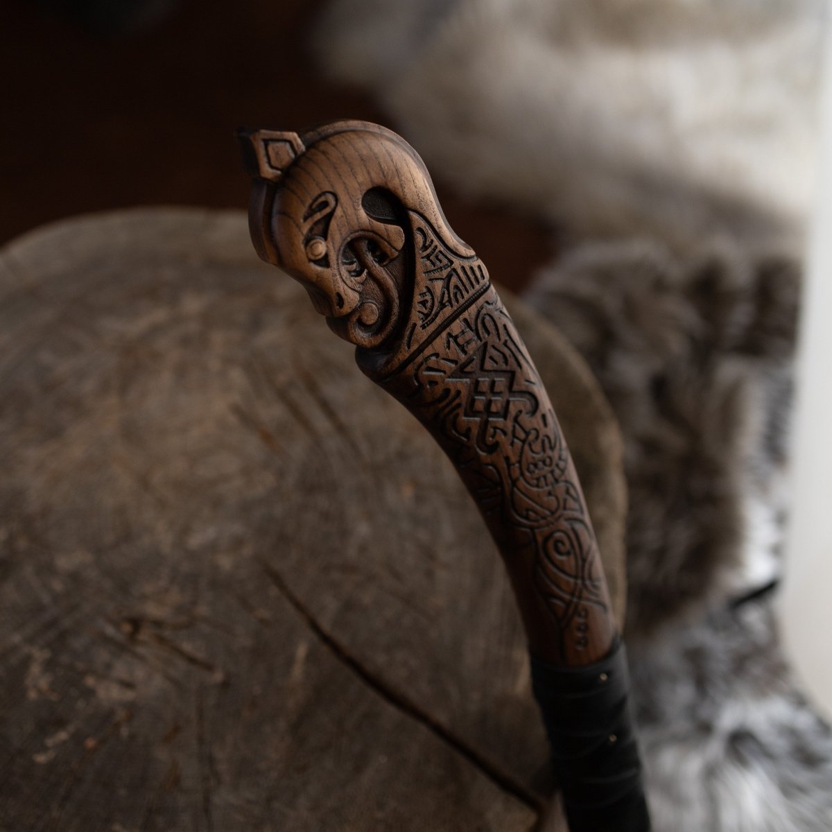 Hand-forged "Ragnarok Kratos axe" with carved handle and Luminescent Glow-in-the-Dark Runes