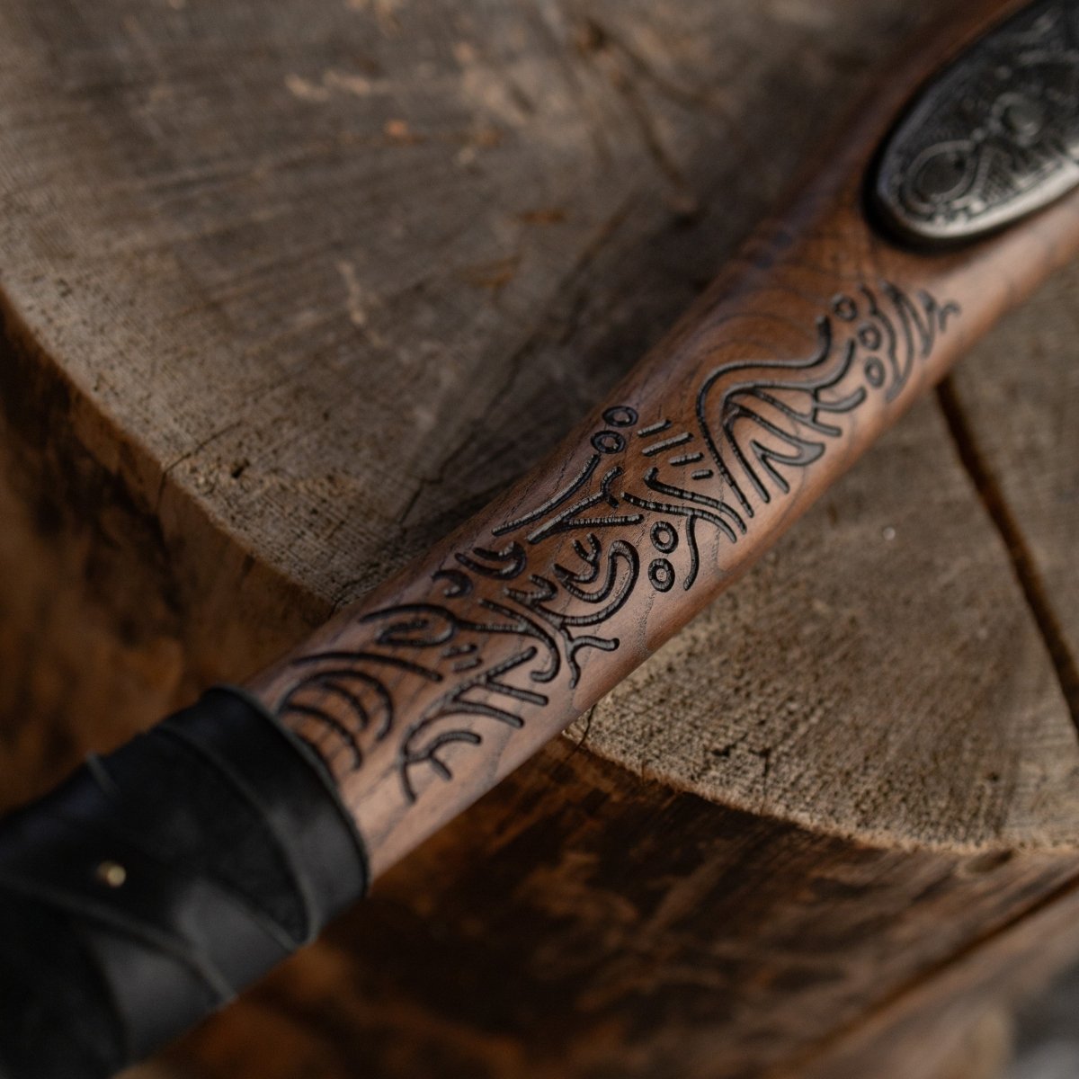 Hand-forged "Ragnarok Kratos axe" with carved handle and Luminescent Glow-in-the-Dark Runes