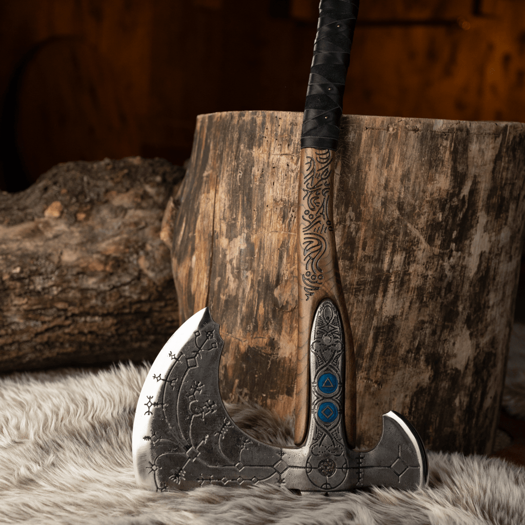 Hand-forged "Ragnarok Kratos axe" with carved handle and Luminescent Glow-in-the-Dark Runes
