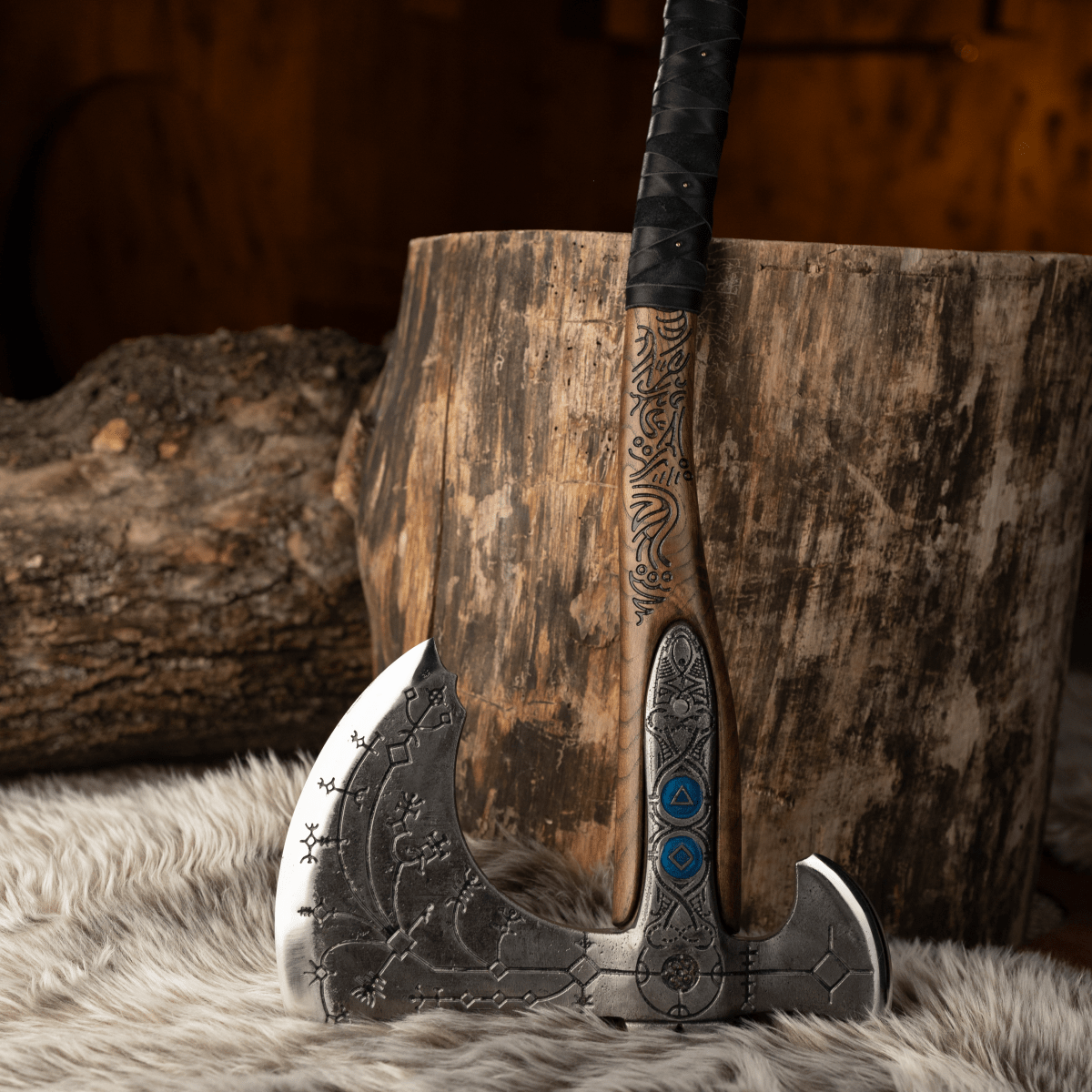 Hand-forged "Ragnarok Kratos axe" with carved handle and Luminescent Glow-in-the-Dark Runes