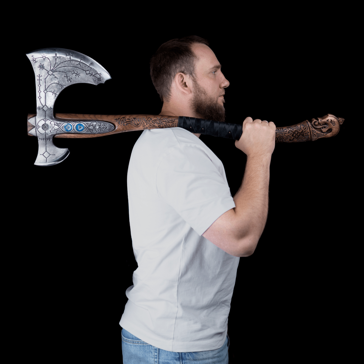 Hand-forged "Ragnarok Kratos axe" with carved handle and Luminescent Glow-in-the-Dark Runes