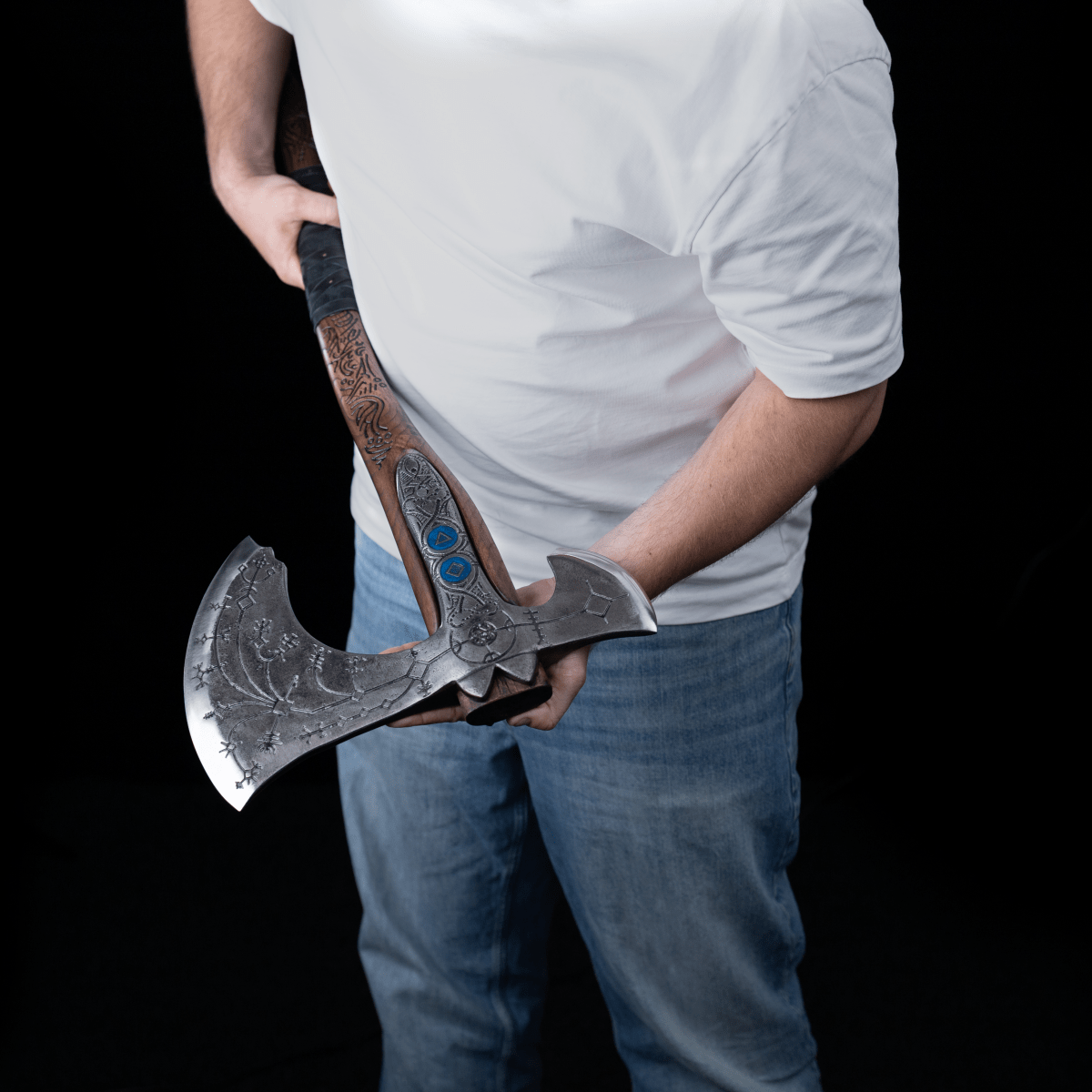 Hand-forged "Ragnarok Kratos axe" with carved handle and Luminescent Glow-in-the-Dark Runes