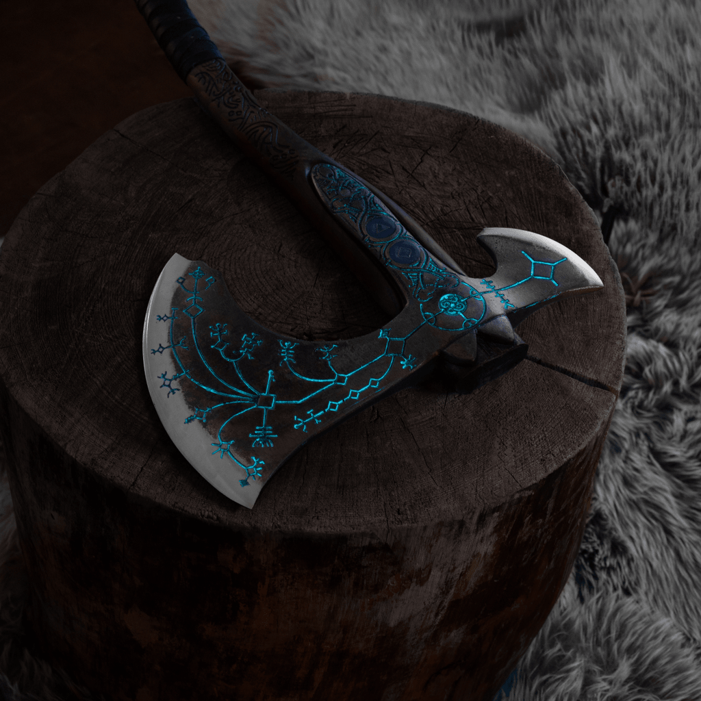 Hand-forged "Ragnarok Kratos axe" with carved handle and Luminescent Glow-in-the-Dark Runes