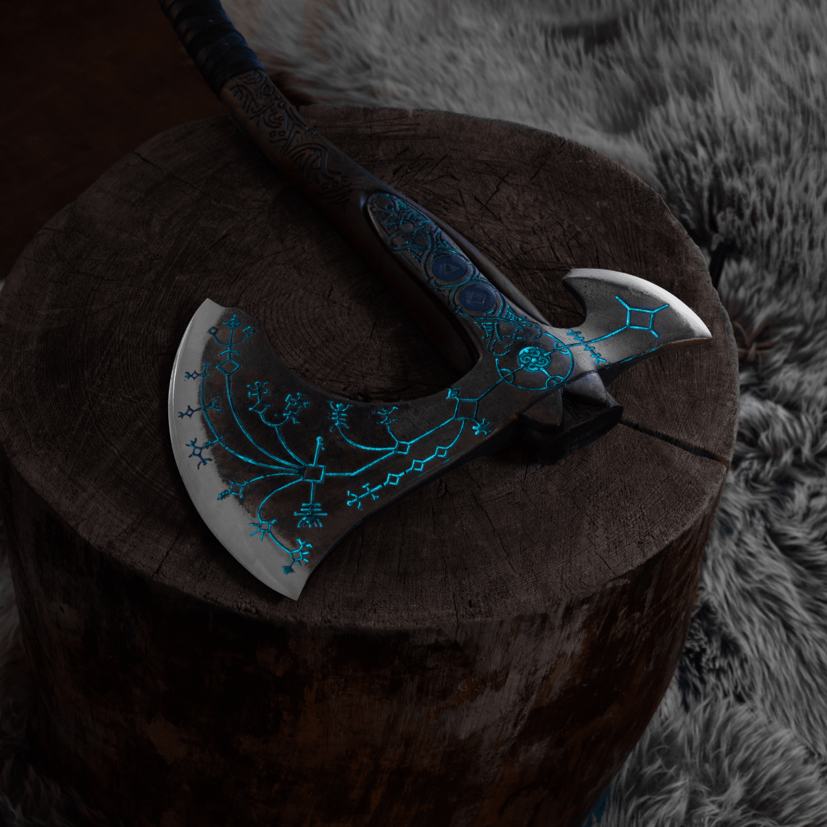 Hand-forged "Ragnarok Kratos axe" with carved handle and Luminescent Glow-in-the-Dark Runes