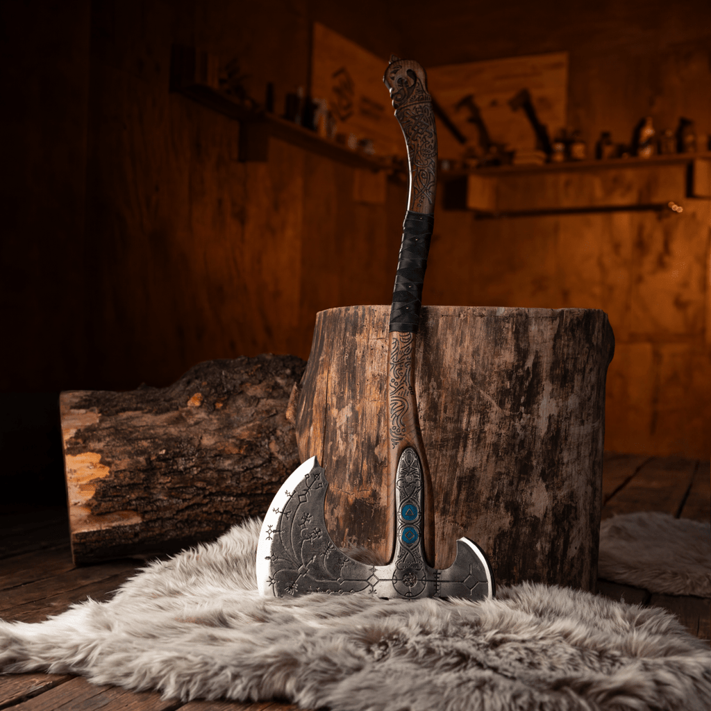Hand-forged "Ragnarok Kratos axe" with carved handle and Luminescent Glow-in-the-Dark Runes
