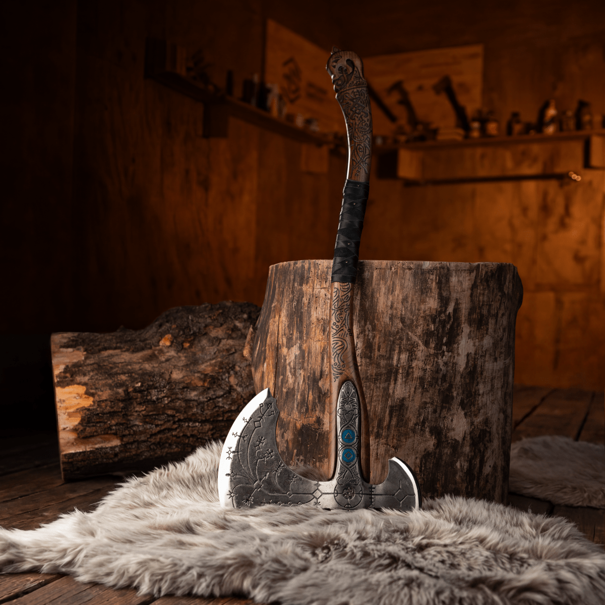 Hand-forged "Ragnarok Kratos axe" with carved handle and Luminescent Glow-in-the-Dark Runes