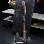 Hand-forged "Ragnarok Kratos axe" with carved handle and Luminescent Glow-in-the-Dark Runes