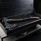 Hand-forged "Ragnarok Kratos axe" with carved handle and Luminescent Glow-in-the-Dark Runes