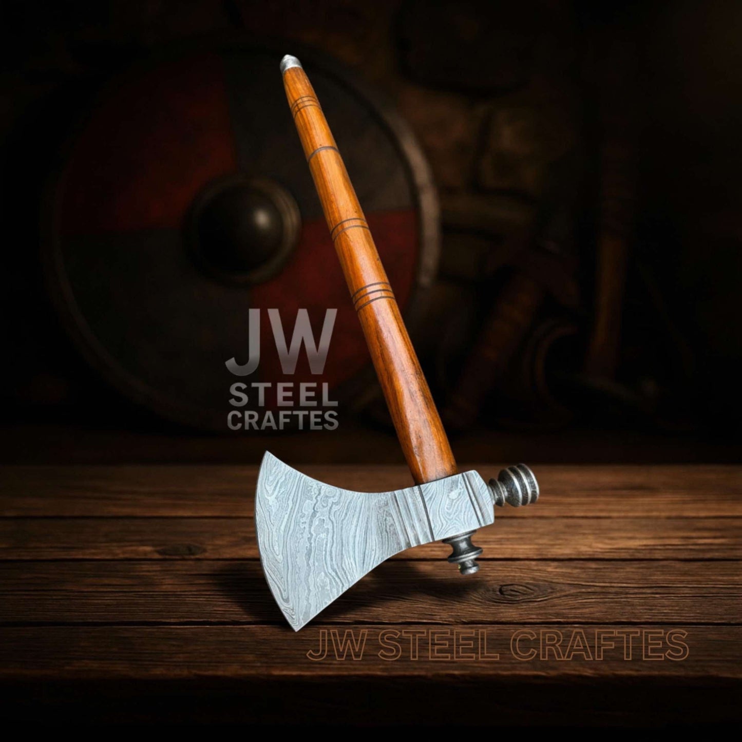 Collectible Artisan Pipe Axe in Damascus Steel with Hardwood Handle