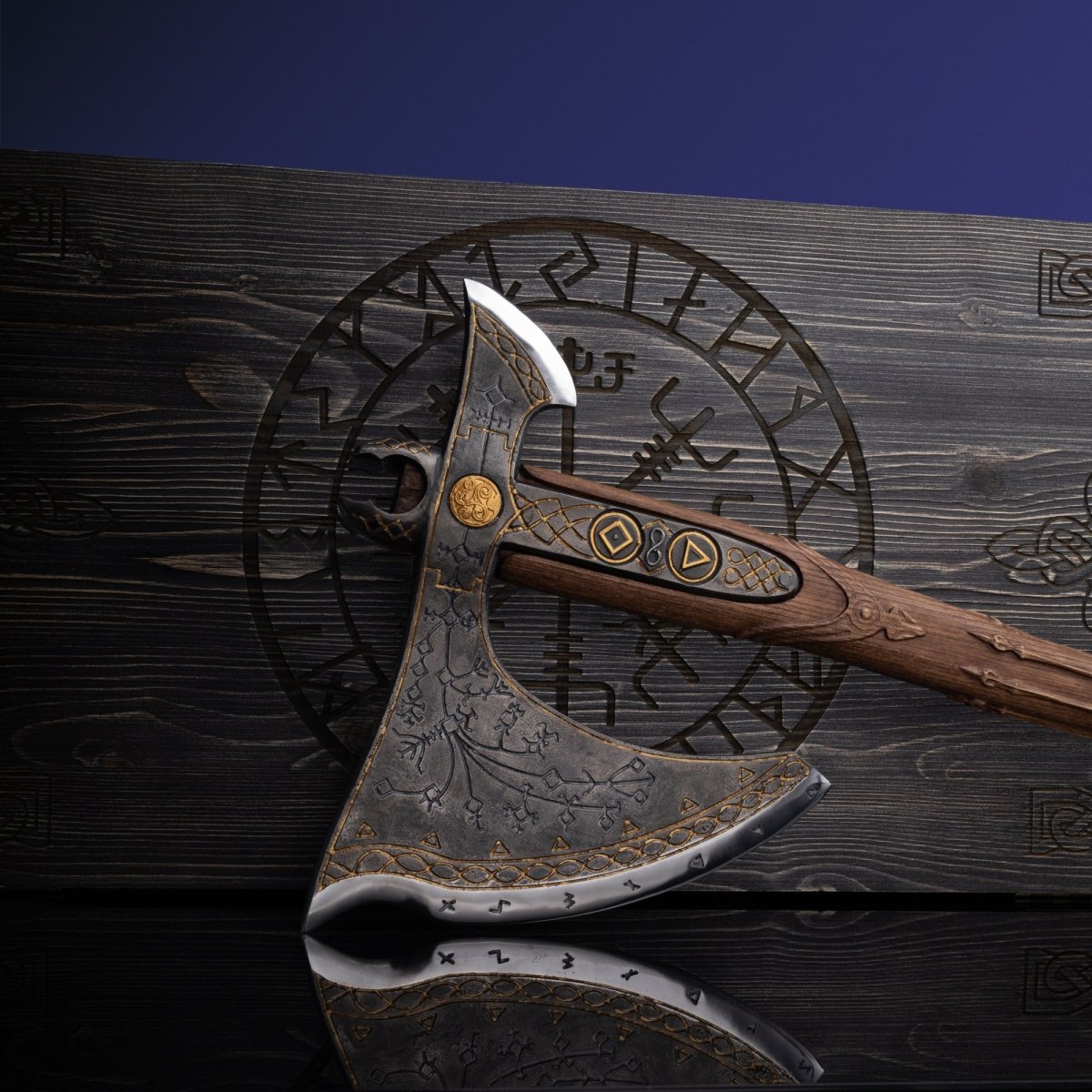 Handcrafted Leviathan axe with leather cover and glow in the dark runes