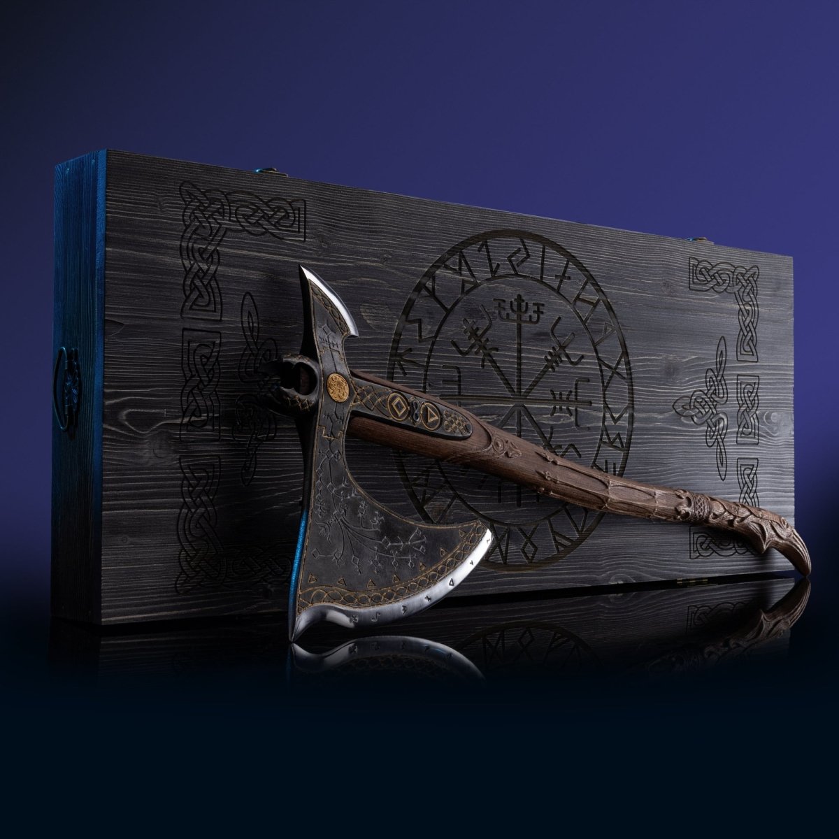 Handcrafted Leviathan axe with leather cover and glow in the dark runes