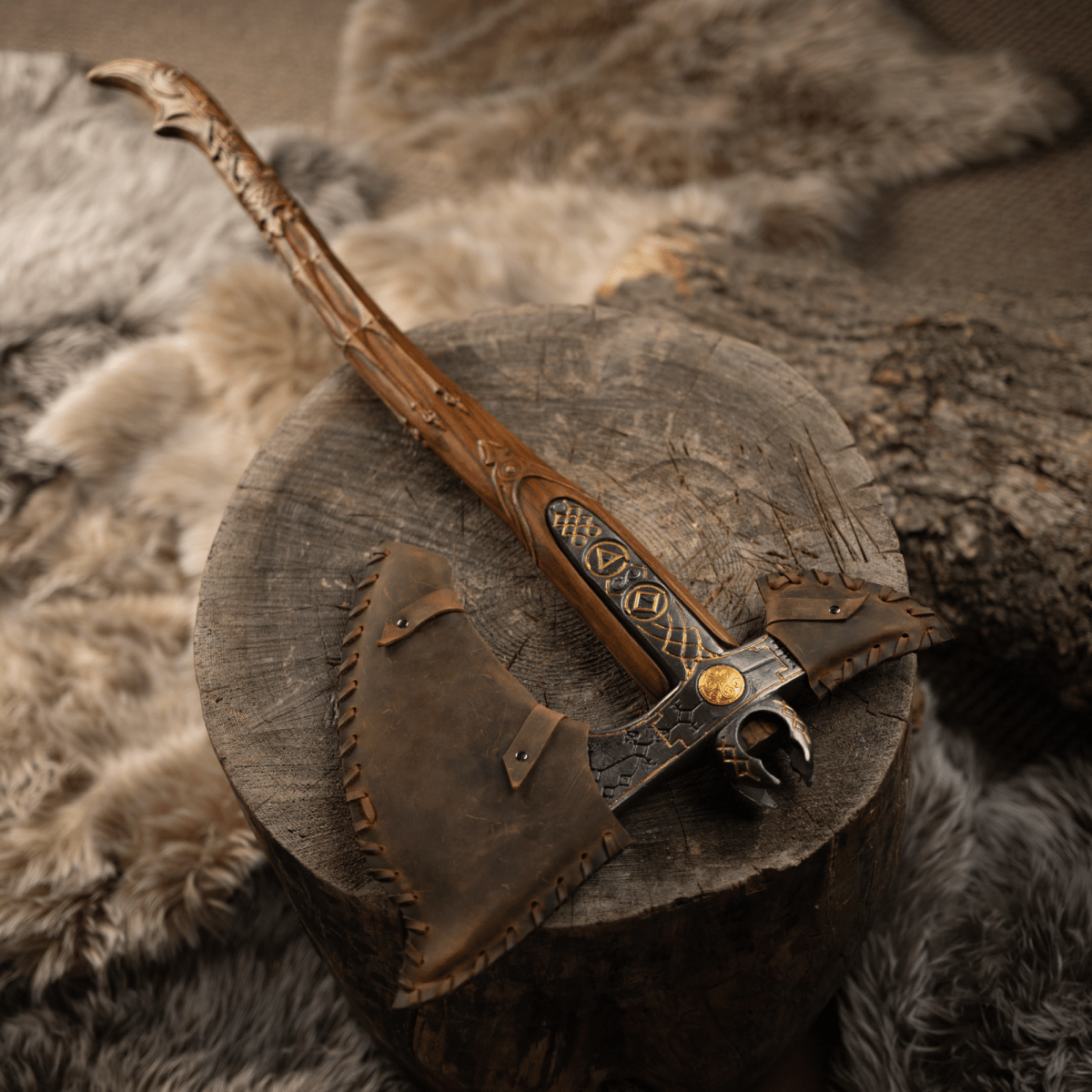 Handcrafted Leviathan axe with leather cover and glow in the dark runes