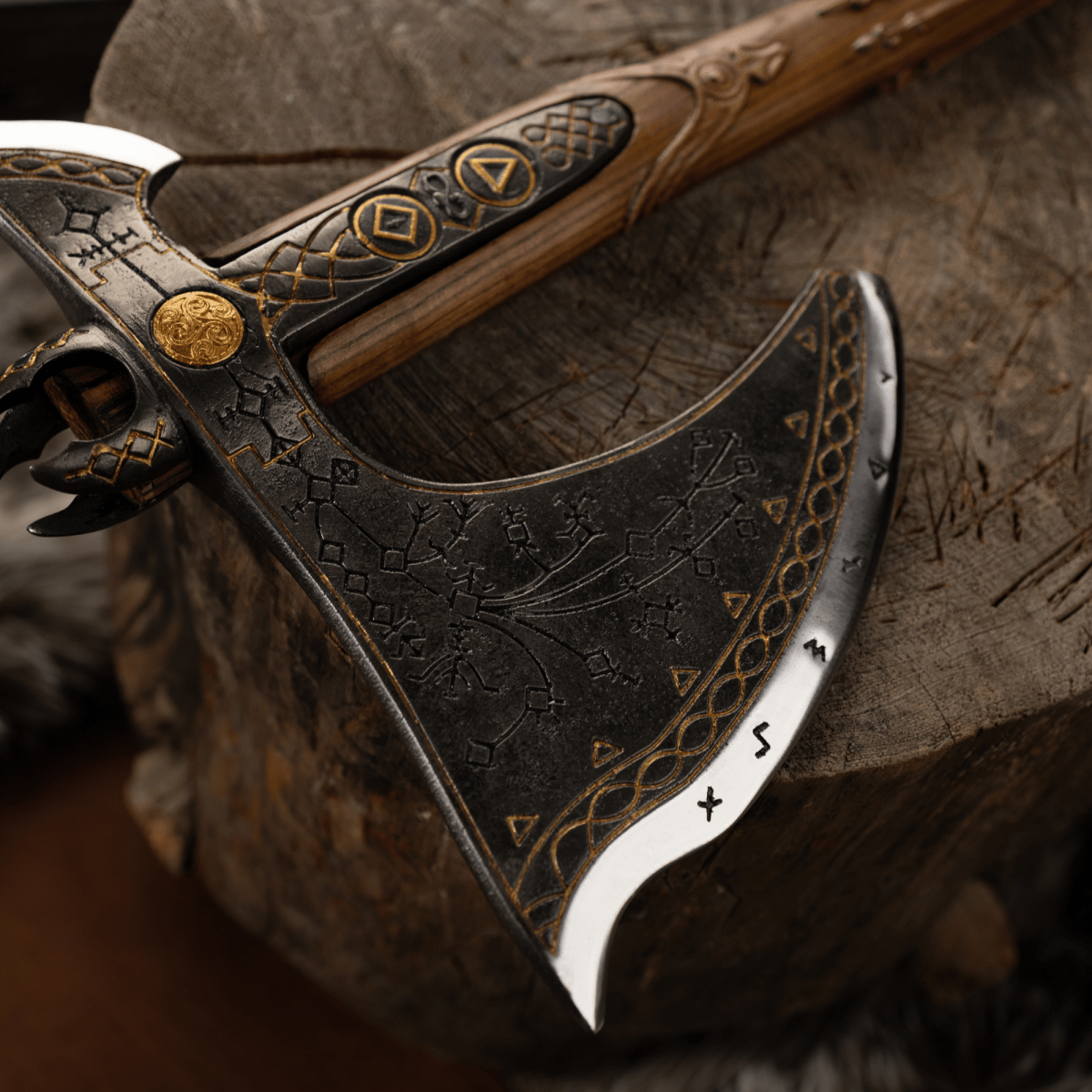 Handcrafted Leviathan axe with leather cover and glow in the dark runes