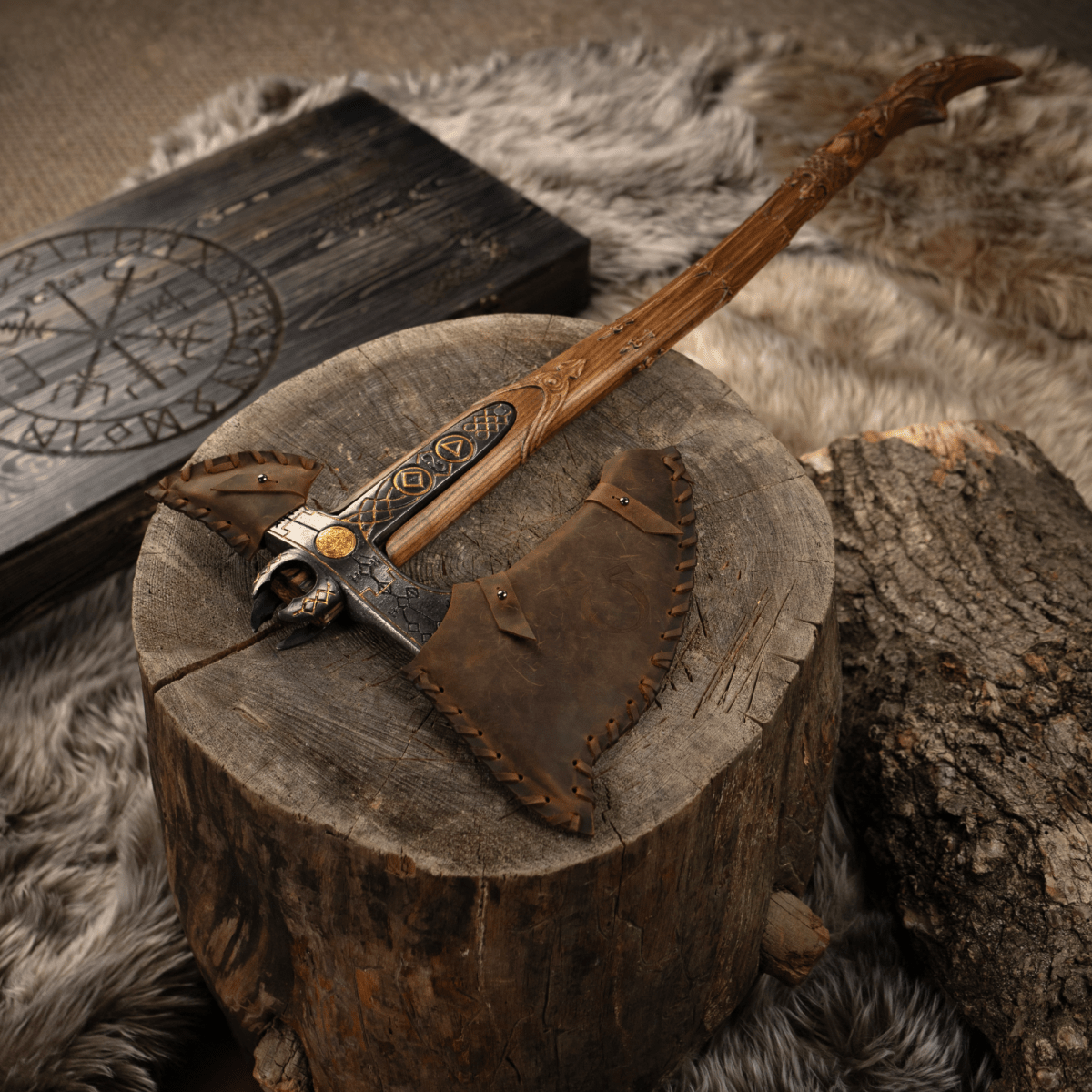 Handcrafted Leviathan axe with leather cover and glow in the dark runes