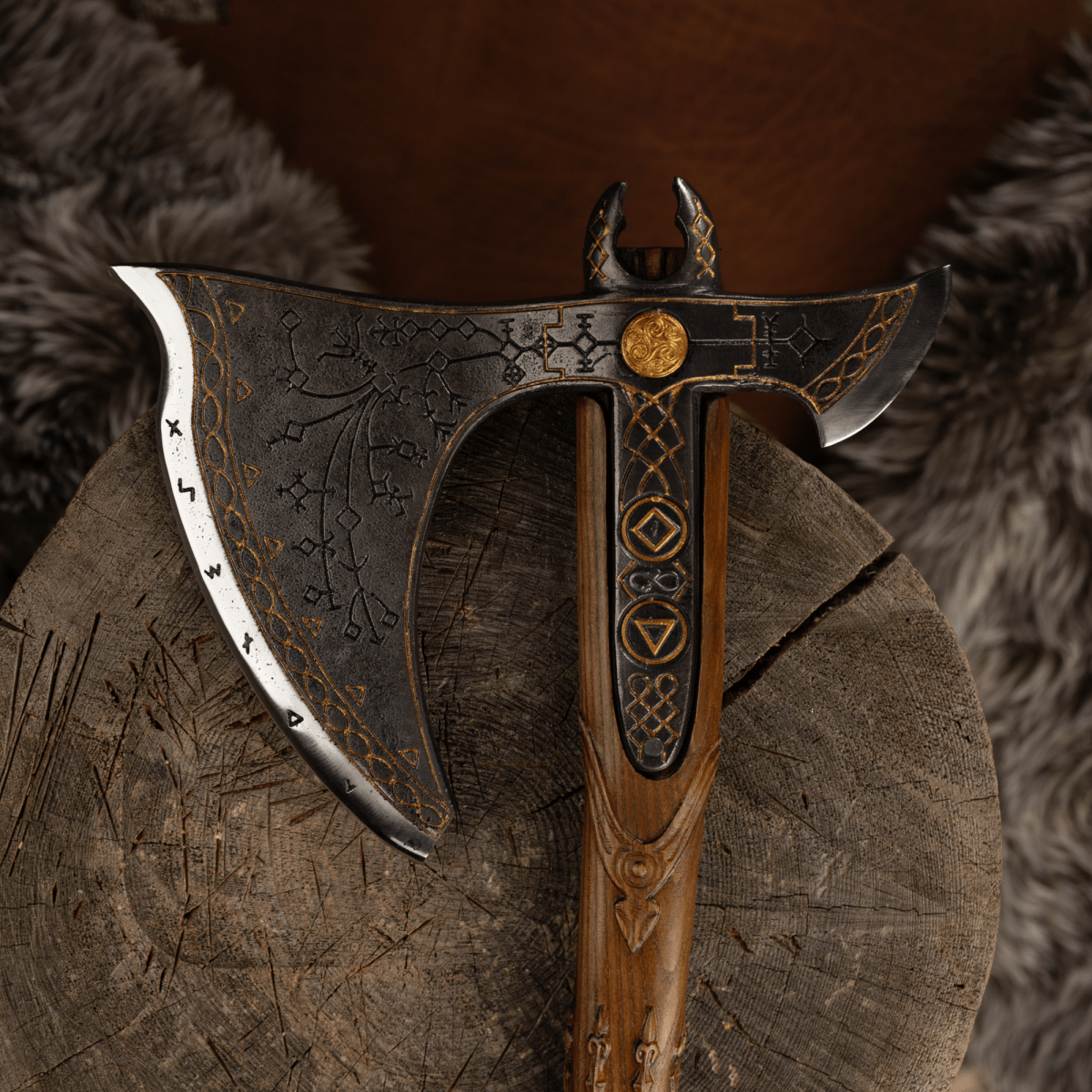 Handcrafted Leviathan axe with leather cover and glow in the dark runes
