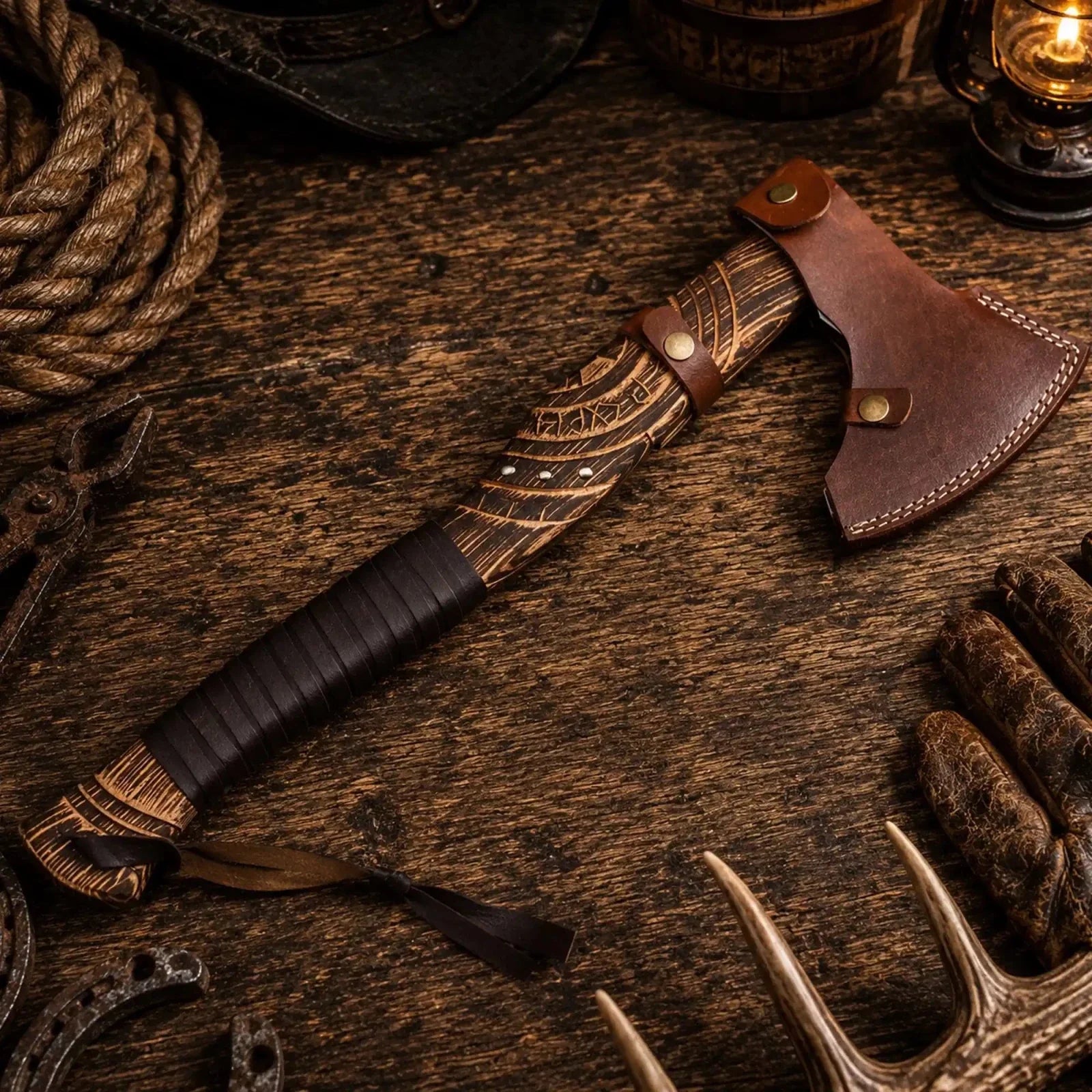 Handcrafted Viking Axe – 1095 Carbon Steel, Carved Ash Wood & Sheath