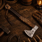 Handcrafted Viking Axe – 1095 Carbon Steel, Carved Ash Wood & Sheath