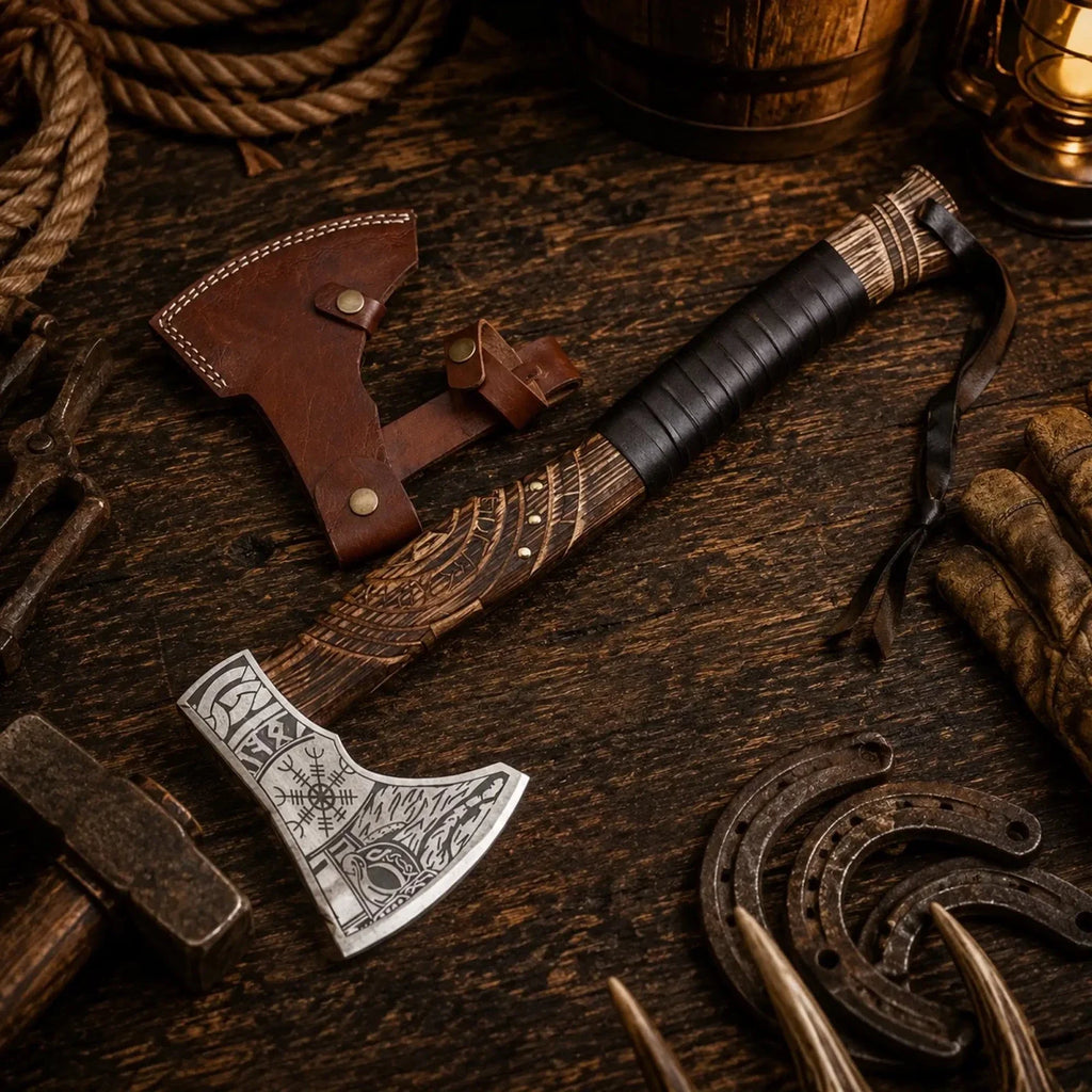 Handcrafted Viking Axe – 1095 Carbon Steel, Carved Ash Wood & Sheath