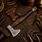 Handcrafted Viking Axe – 1095 Carbon Steel, Carved Ash Wood & Sheath