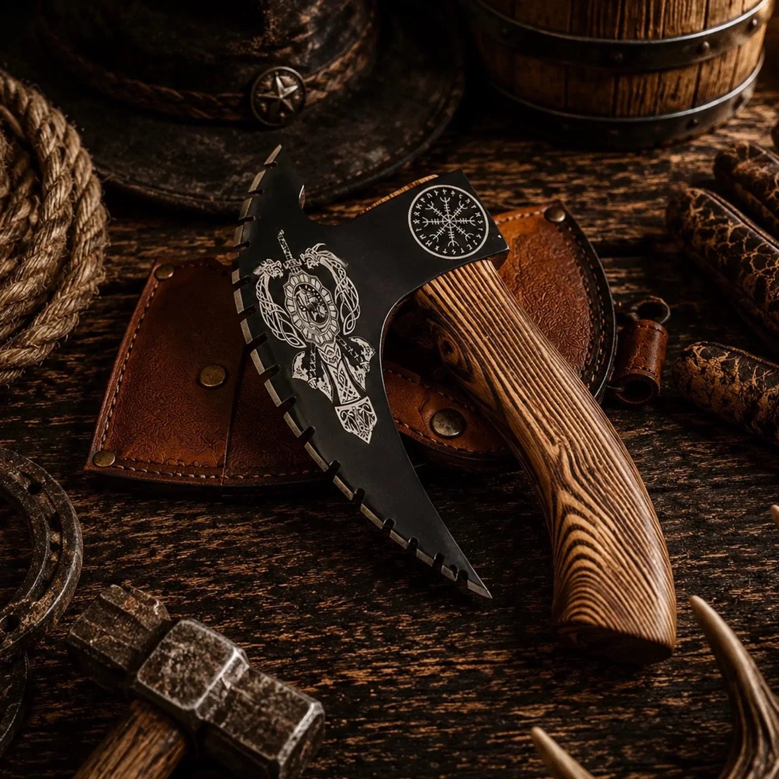 Handforged Viking Pizza Cutter Axe with Leather Sheath