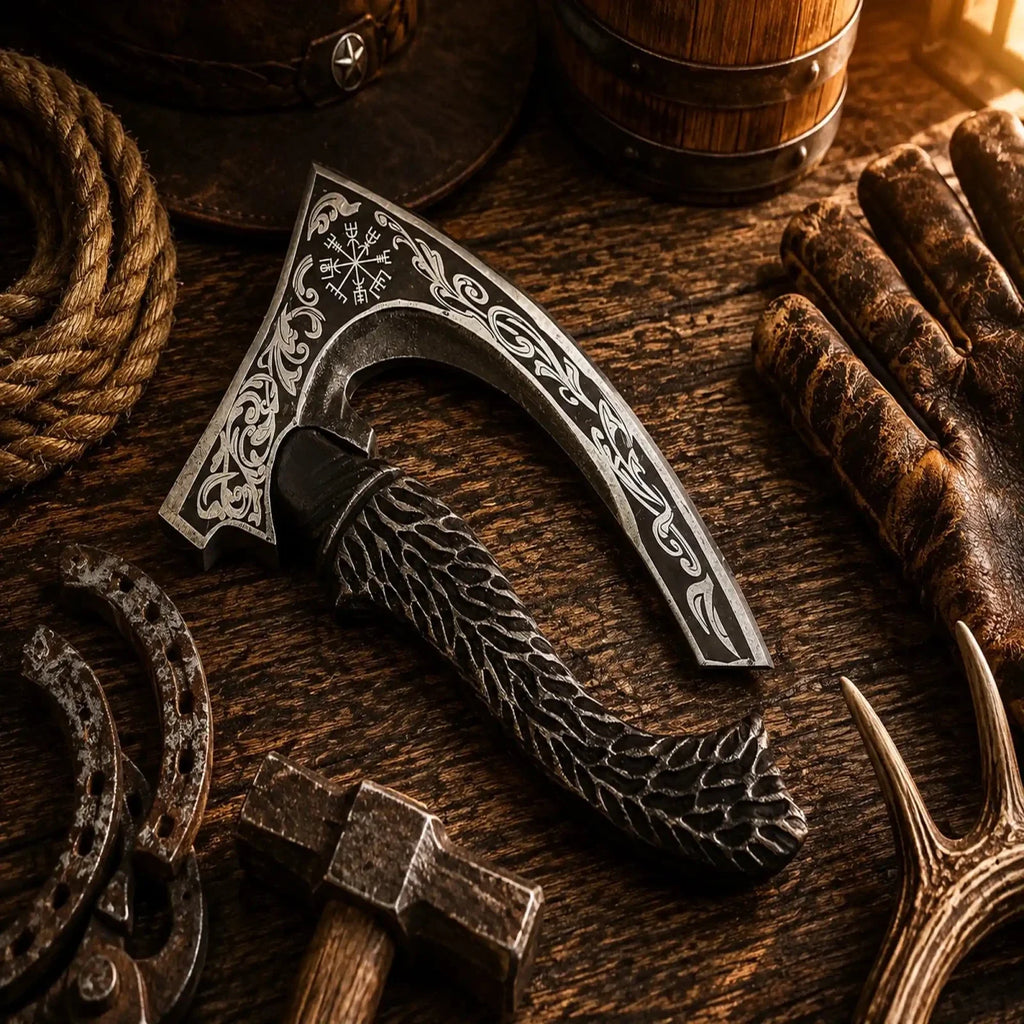 Handmade Carbon Steel Pizza Cutter Axe – Carved Rosewood Handle
