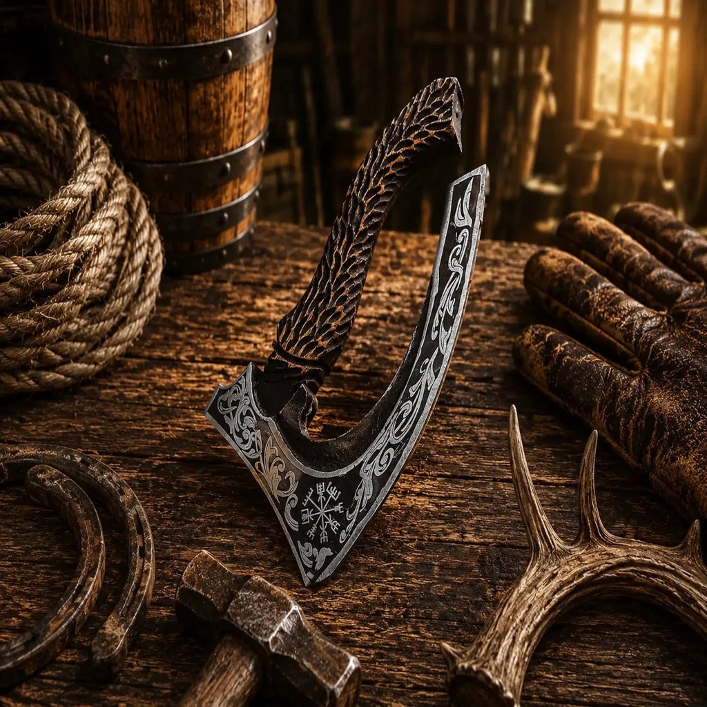 Handmade Carbon Steel Pizza Cutter Axe – Carved Rosewood Handle