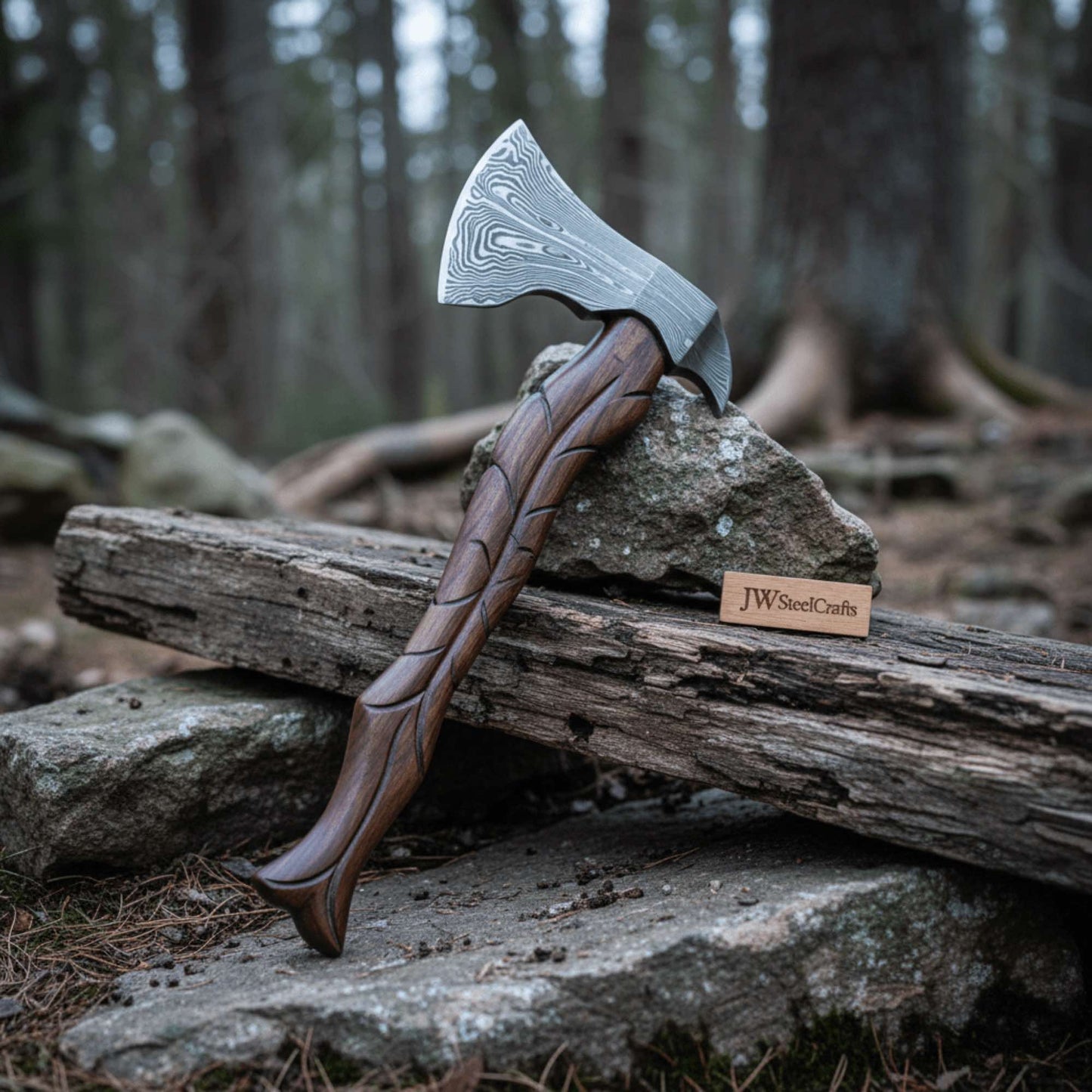 Hand-Forged Damascus Viking Axe – Carved Hardwood Handle | Bushcraft, Camping & Display Collectible